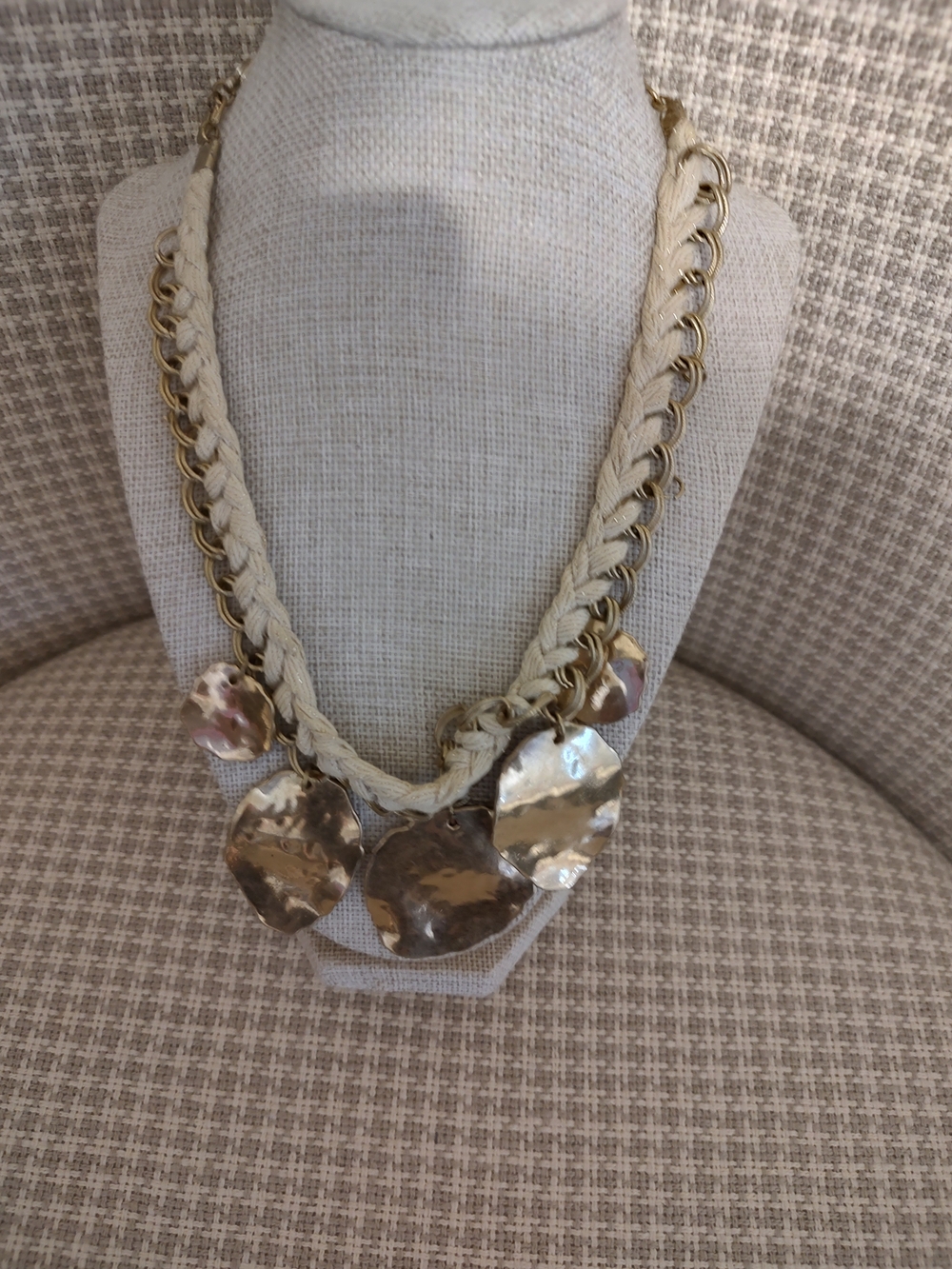 Chicos Elegant Cream Braided Necklace with Gold Disc Pendants